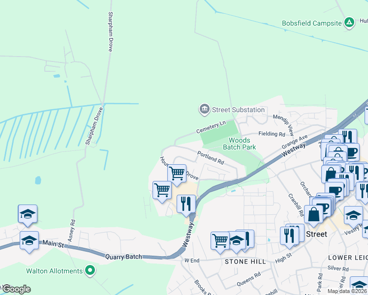map of restaurants, bars, coffee shops, grocery stores, and more near in Street