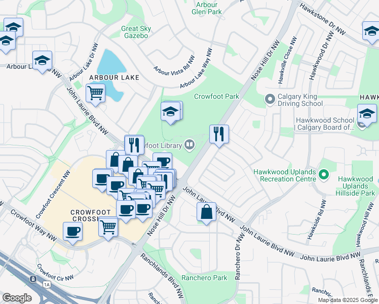 map of restaurants, bars, coffee shops, grocery stores, and more near 8665 Nose Hill Drive Northwest in Calgary