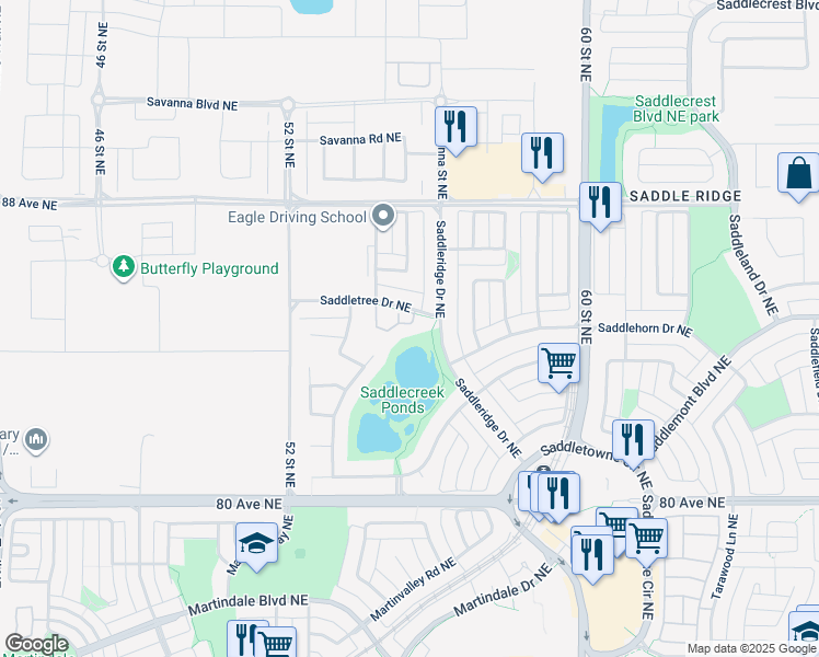 map of restaurants, bars, coffee shops, grocery stores, and more near 92 Saddletree Court Northeast in Calgary