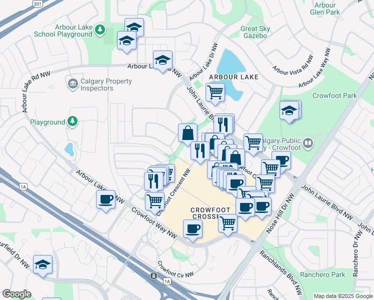 map of restaurants, bars, coffee shops, grocery stores, and more near 600 Crowfoot Crescent Northwest in Calgary