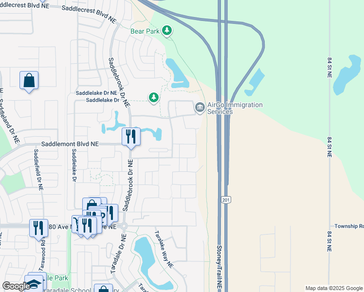 map of restaurants, bars, coffee shops, grocery stores, and more near 182 Saddlelake Way Northeast in Calgary