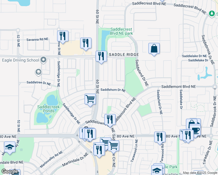 map of restaurants, bars, coffee shops, grocery stores, and more near 6204 Saddlehorn Drive Northeast in Calgary