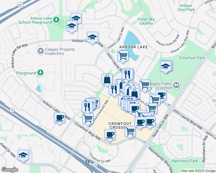 map of restaurants, bars, coffee shops, grocery stores, and more near 600 Crowfoot Crescent Northwest in Calgary