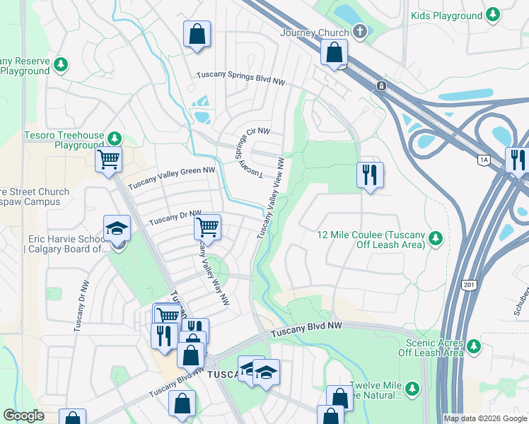 map of restaurants, bars, coffee shops, grocery stores, and more near 209 Tuscany Valley View Northwest in Calgary