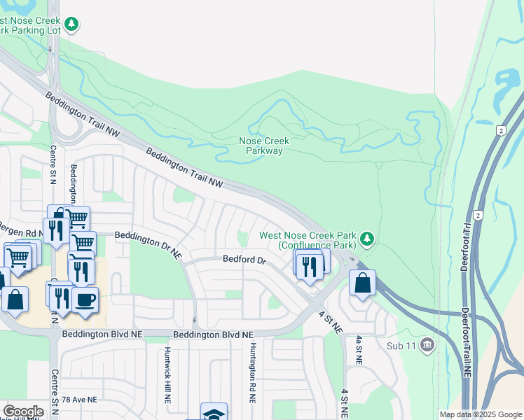 map of restaurants, bars, coffee shops, grocery stores, and more near 120 Bedford Circle Northeast in Calgary