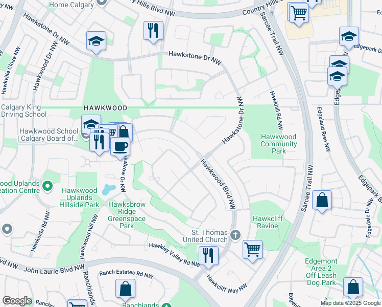 map of restaurants, bars, coffee shops, grocery stores, and more near 275 Hawkwood Boulevard Northwest in Calgary