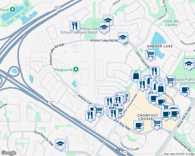map of restaurants, bars, coffee shops, grocery stores, and more near 61 Arbour Wood Mews Northwest in Calgary