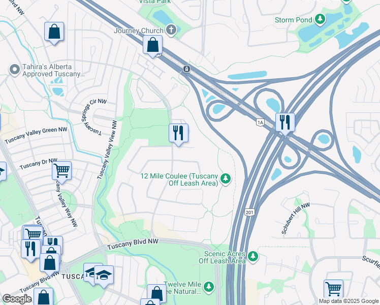 map of restaurants, bars, coffee shops, grocery stores, and more near 135 Tuscarora Mews Northwest in Calgary