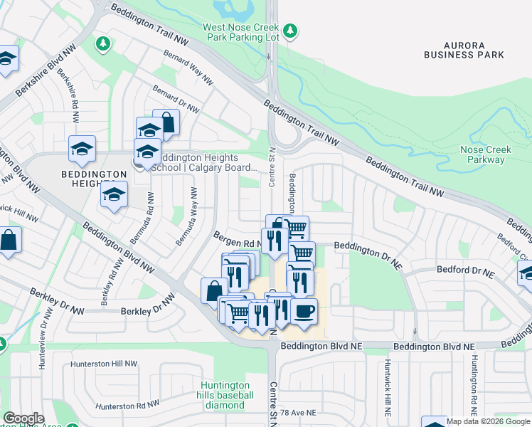 map of restaurants, bars, coffee shops, grocery stores, and more near 8345 Centre Street North in Calgary