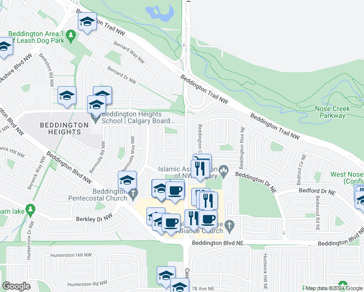 map of restaurants, bars, coffee shops, grocery stores, and more near 8345 Centre Street North in Calgary