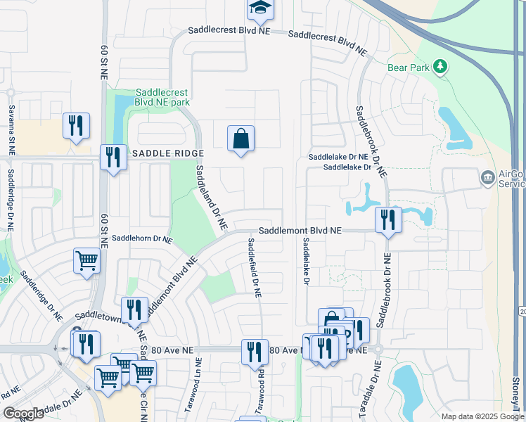 map of restaurants, bars, coffee shops, grocery stores, and more near 29 Saddleland Way Northeast in Calgary