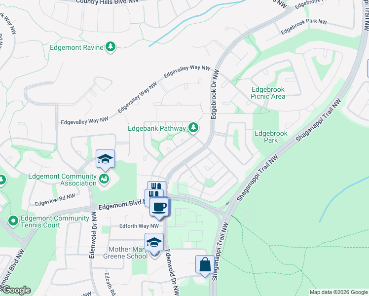 map of restaurants, bars, coffee shops, grocery stores, and more near 78 Edgebank Circle Northwest in Calgary