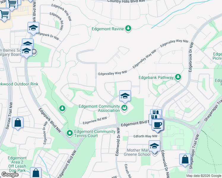 map of restaurants, bars, coffee shops, grocery stores, and more near 210 Edgevalley Green Northwest in Calgary