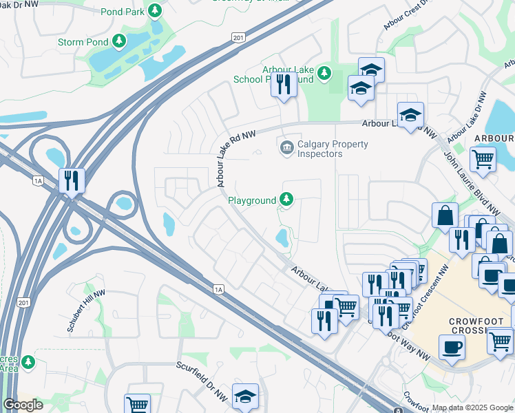 map of restaurants, bars, coffee shops, grocery stores, and more near 99 Arbour Lake Rd NW in Calgary