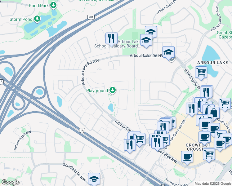 map of restaurants, bars, coffee shops, grocery stores, and more near 61 Arbour Wood Mews NW in Calgary