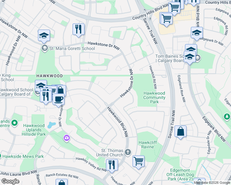 map of restaurants, bars, coffee shops, grocery stores, and more near 31 Hawkstone Drive Northwest in Calgary