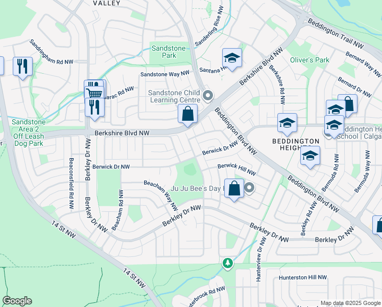 map of restaurants, bars, coffee shops, grocery stores, and more near 180 Berwick Drive Northwest in Calgary