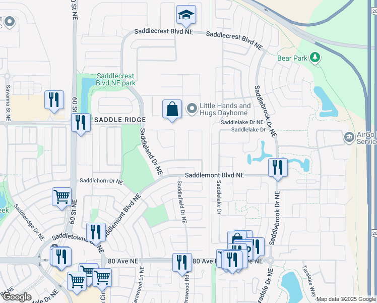 map of restaurants, bars, coffee shops, grocery stores, and more near Saddleland Crescent Northeast in Calgary