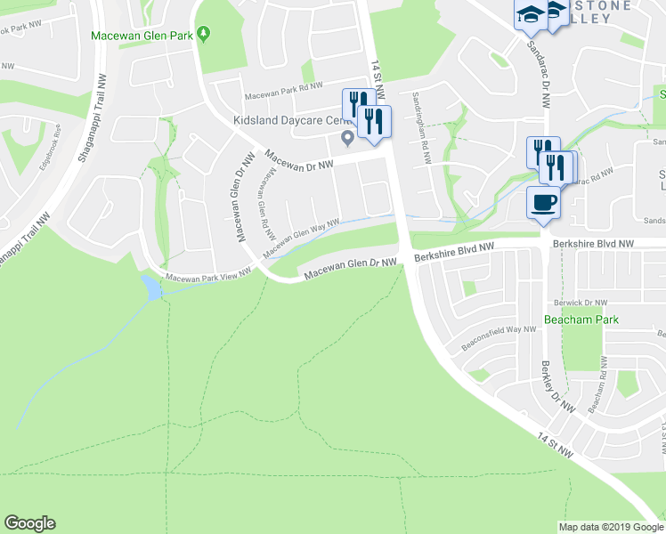 map of restaurants, bars, coffee shops, grocery stores, and more near Macewan Glen Drive Northwest in Calgary