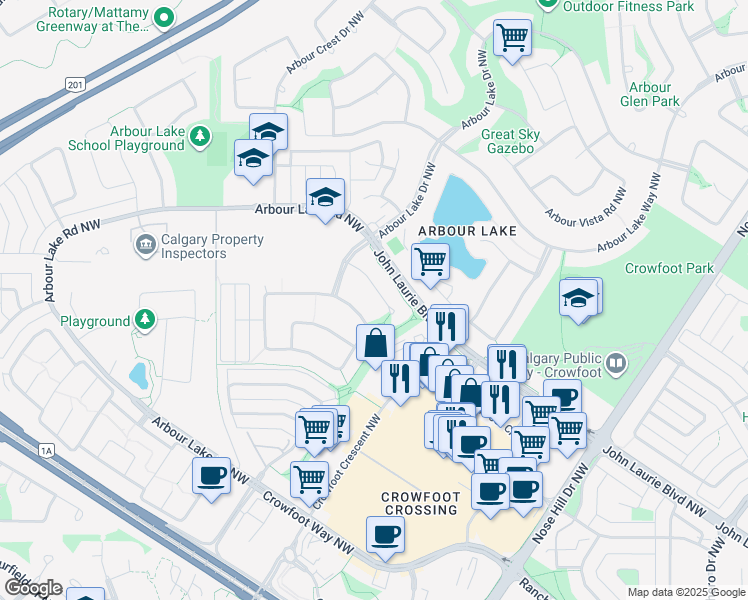 map of restaurants, bars, coffee shops, grocery stores, and more near 37 Arbour Wood Place Northwest in Calgary