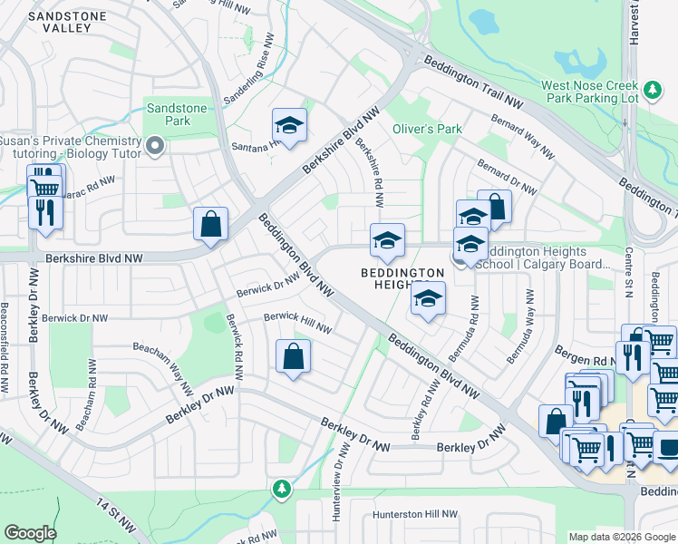 map of restaurants, bars, coffee shops, grocery stores, and more near 375 Bermuda Drive Northwest in Calgary