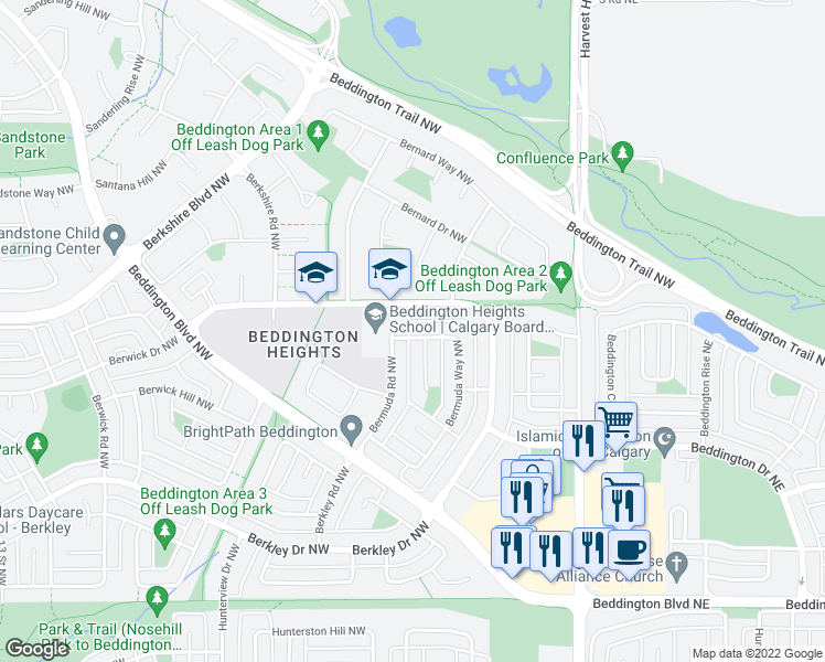 map of restaurants, bars, coffee shops, grocery stores, and more near 203 Bermuda Way Northwest in Calgary