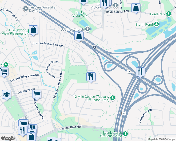 map of restaurants, bars, coffee shops, grocery stores, and more near 1305 Tuscarora Manor Northwest in Calgary