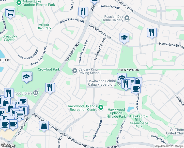 map of restaurants, bars, coffee shops, grocery stores, and more near 191 Hawkwood Drive Northwest in Calgary