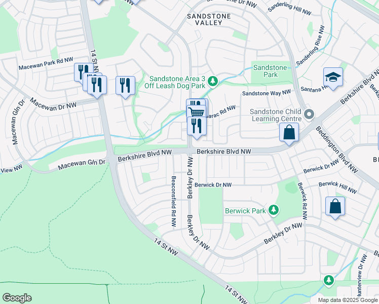 map of restaurants, bars, coffee shops, grocery stores, and more near Berkshire Blvd NW & Sandarac Dr NW in Calgary