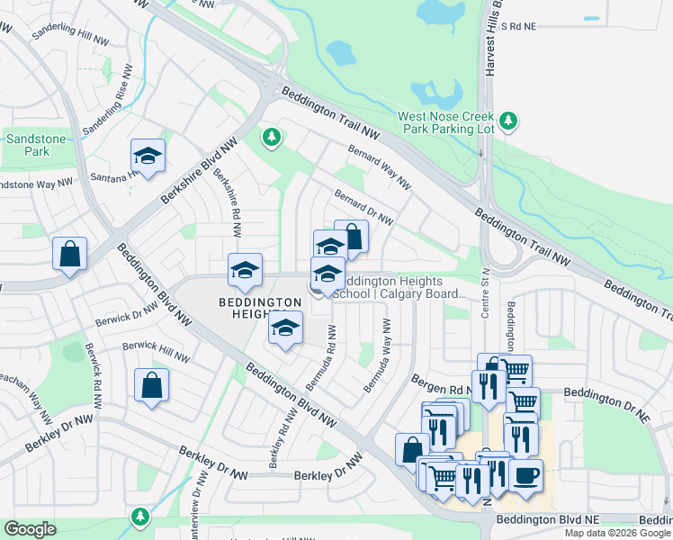 map of restaurants, bars, coffee shops, grocery stores, and more near 203 Bermuda Way Northwest in Calgary