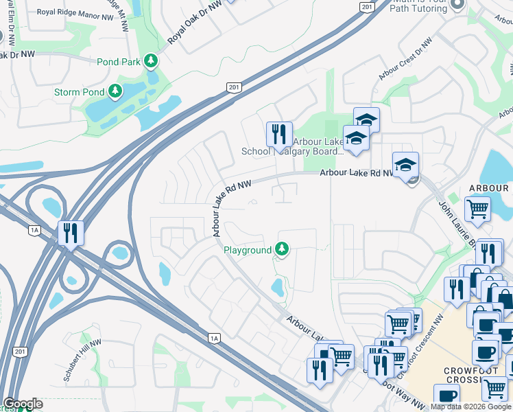 map of restaurants, bars, coffee shops, grocery stores, and more near 900 Arbour Lake Rd NW in Calgary