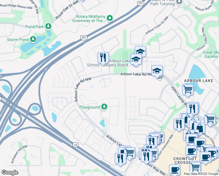 map of restaurants, bars, coffee shops, grocery stores, and more near 217 Arbour Lake Road Northwest in Calgary