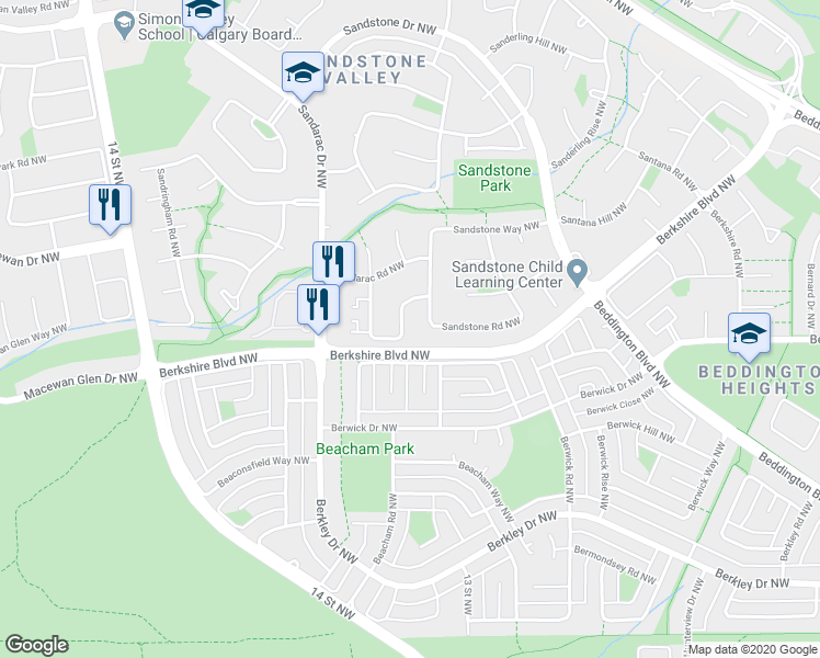 map of restaurants, bars, coffee shops, grocery stores, and more near 107 Sandarac Way Northwest in Calgary