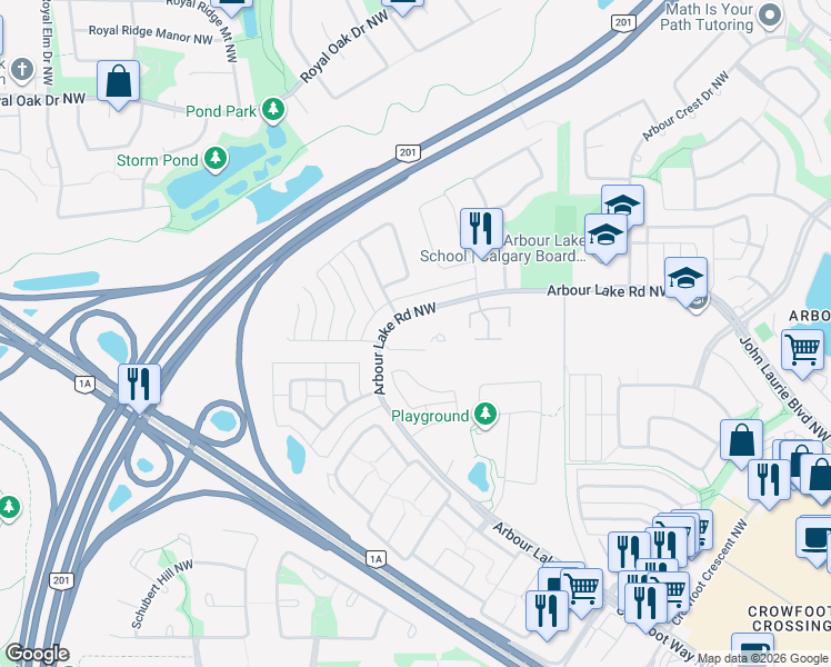 map of restaurants, bars, coffee shops, grocery stores, and more near 900 Arbour Lake Road Northwest in Calgary