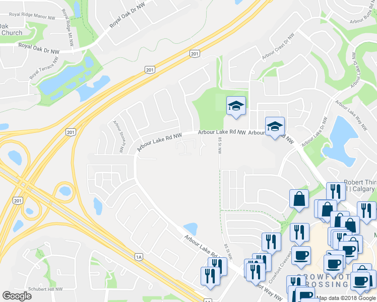 map of restaurants, bars, coffee shops, grocery stores, and more near 217 Arbour Lake Road Northwest in Calgary