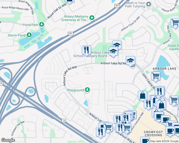 map of restaurants, bars, coffee shops, grocery stores, and more near 403 Arbour Lake Road Northwest in Calgary