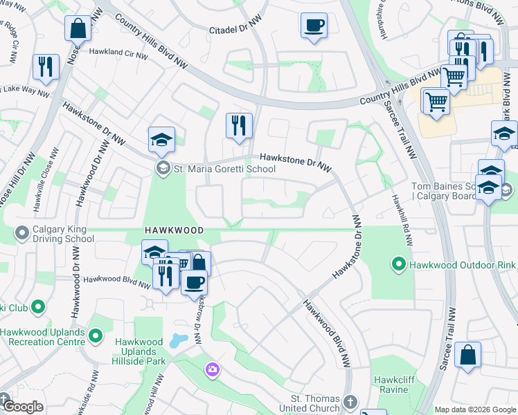 map of restaurants, bars, coffee shops, grocery stores, and more near 214 Hawkstone Court Northwest in Calgary