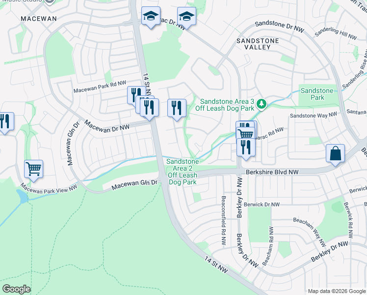 map of restaurants, bars, coffee shops, grocery stores, and more near 241 Sandringham Road Northwest in Calgary