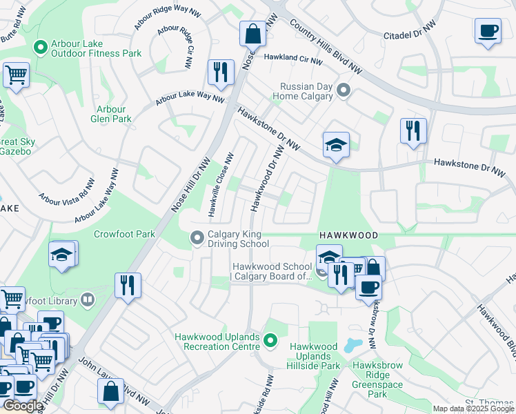 map of restaurants, bars, coffee shops, grocery stores, and more near 240 Hawkwood Drive Northwest in Calgary