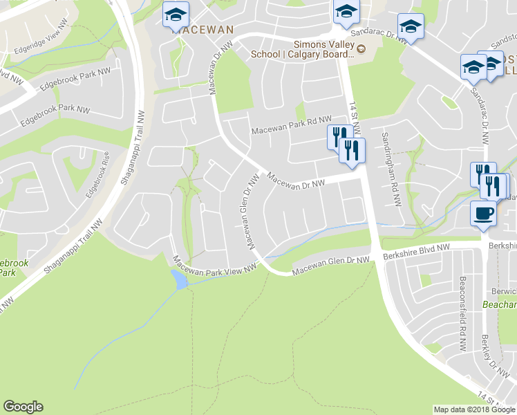 map of restaurants, bars, coffee shops, grocery stores, and more near 63 Macewan Glen Road Northwest in Calgary