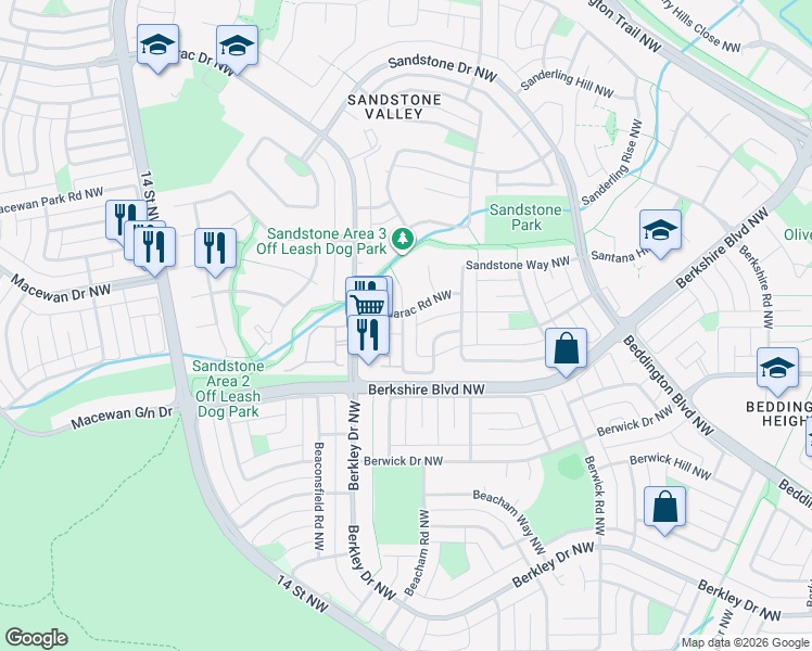 map of restaurants, bars, coffee shops, grocery stores, and more near 16 Sandarac Way Northwest in Calgary