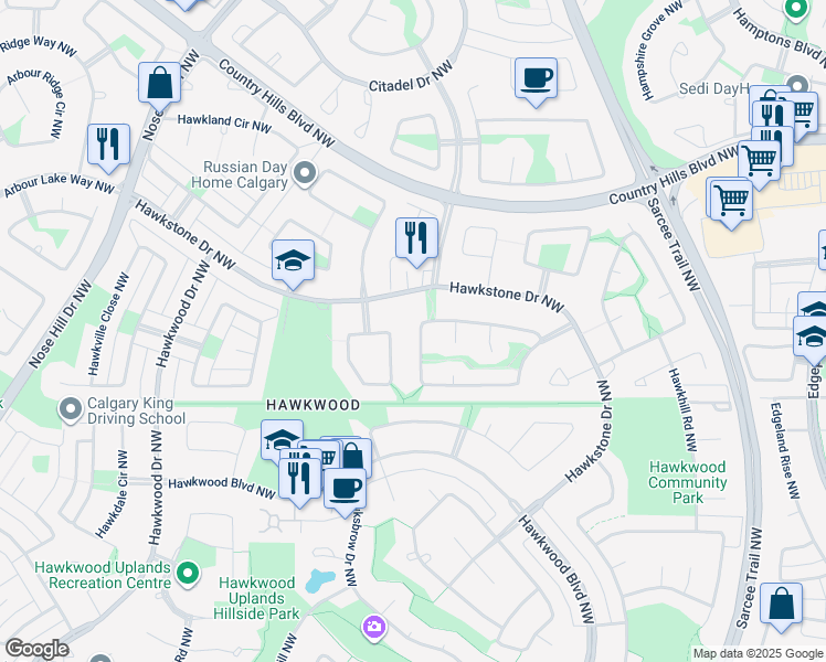 map of restaurants, bars, coffee shops, grocery stores, and more near 243 Hawkstone Close Northwest in Calgary