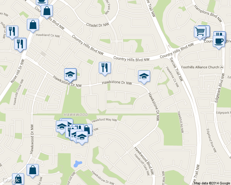 map of restaurants, bars, coffee shops, grocery stores, and more near 214 Hawkstone Court Northwest in Calgary
