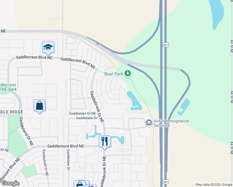 map of restaurants, bars, coffee shops, grocery stores, and more near 195 Saddlebrook Circle Northeast in Calgary