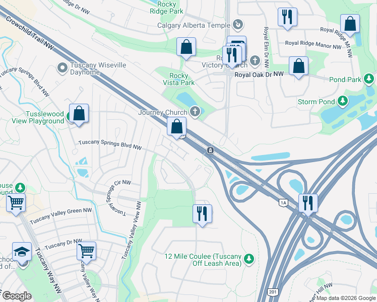 map of restaurants, bars, coffee shops, grocery stores, and more near 57 Tuscany Springs Gardens Northwest in Calgary
