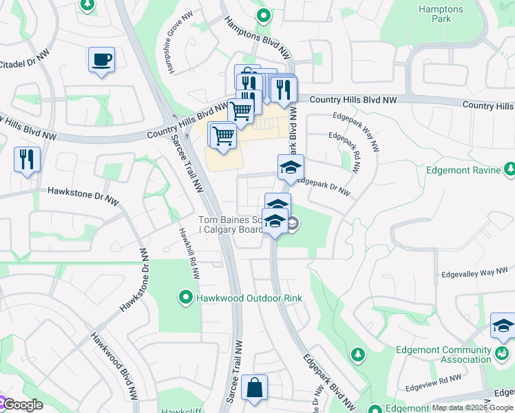 map of restaurants, bars, coffee shops, grocery stores, and more near Edgeburn Place Northwest in Calgary