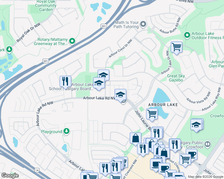 map of restaurants, bars, coffee shops, grocery stores, and more near 154 Arbour Crest Circle Northwest in Calgary