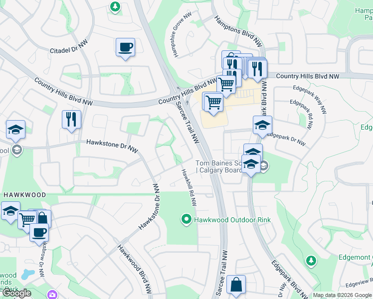 map of restaurants, bars, coffee shops, grocery stores, and more near 89 Hawktree Circle Northwest in Calgary
