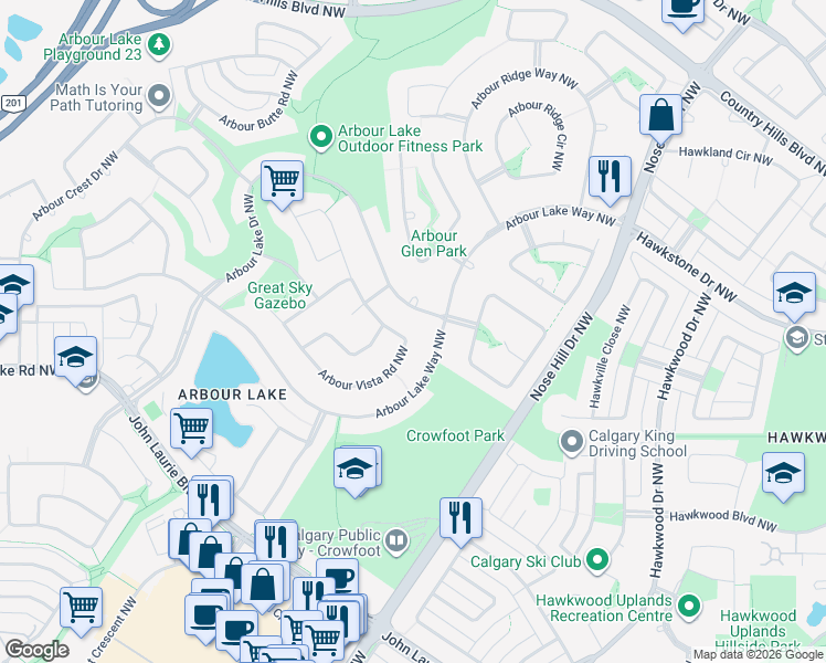 map of restaurants, bars, coffee shops, grocery stores, and more near 155 Arbour Vista Road Northwest in Calgary