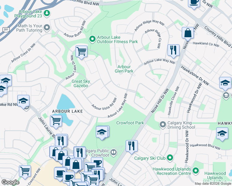 map of restaurants, bars, coffee shops, grocery stores, and more near 155 Arbour Vista Road Northwest in Calgary